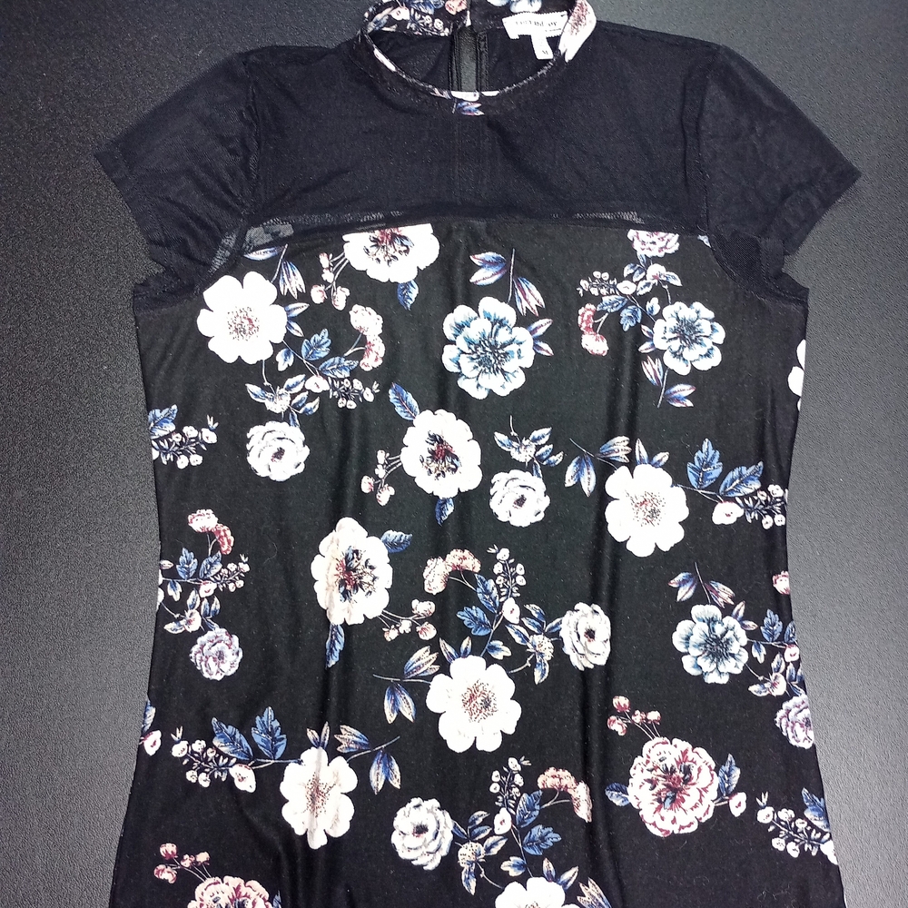 Faith And Joy By Monteau Soft, Velvety Floral Top With Black Mesh Upper